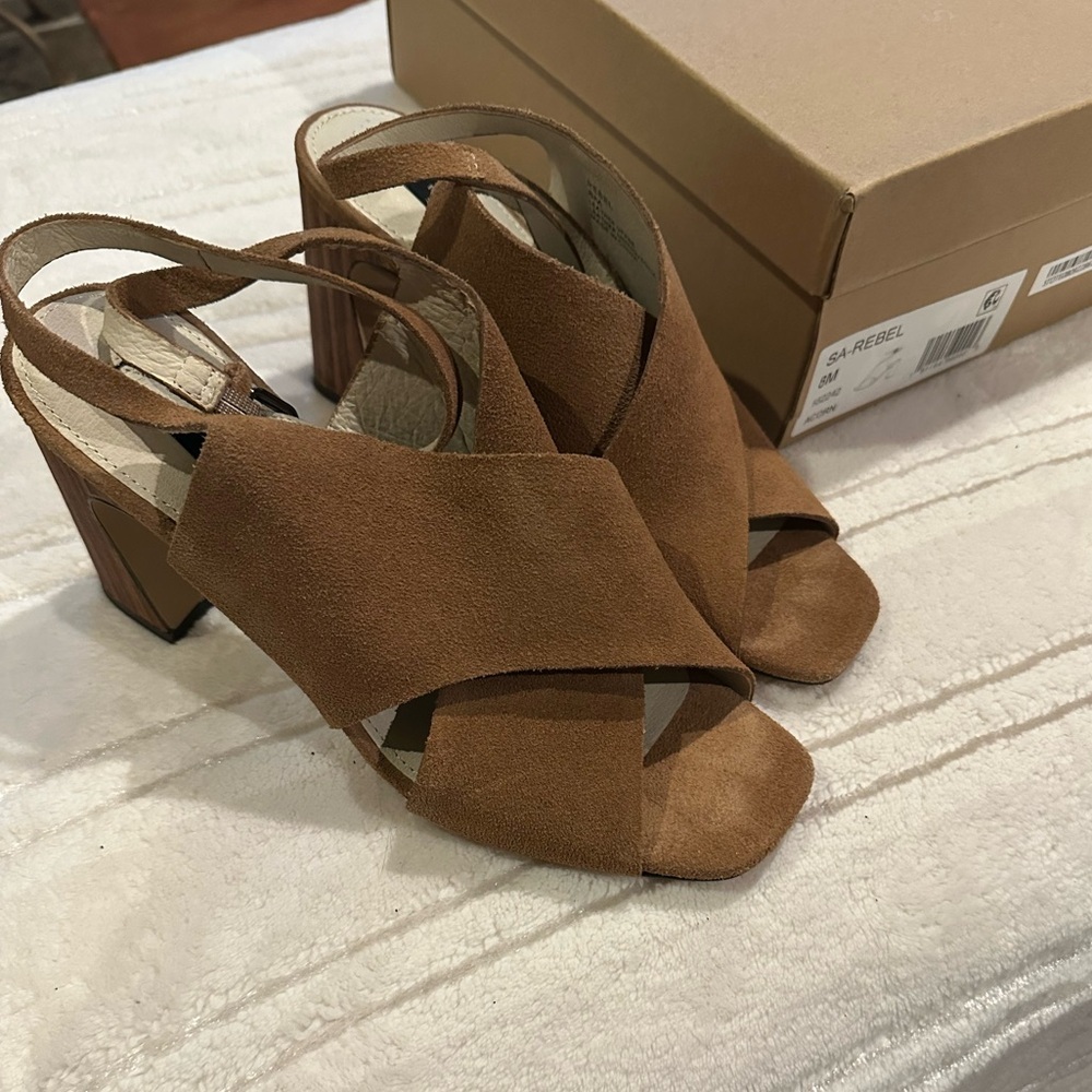 Sanctuary Brown Suede Cross-Strap Block Heel Sandals